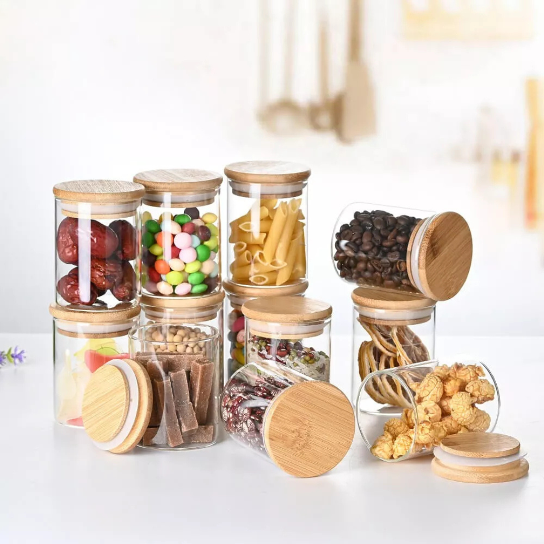 Kit 6 Potes de Vidro 200ml com Tampa de Bambu – Promoção