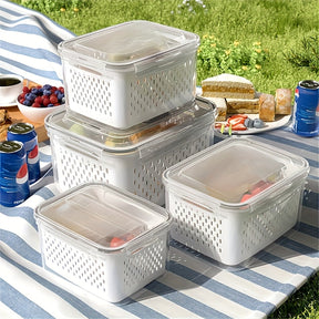 Conjunto de 10 Peças: 4 Recipientes + 4 Tampas + 2 Cestos de Drenagem. Recipientes para Armazenamento de Alimentos com Tampas de Encaixe e Cestos de Drenagem - À Prova de Vazamentos, Caixas de Armazenamento para Geladeira, Organizadores de Cozinha Reutili