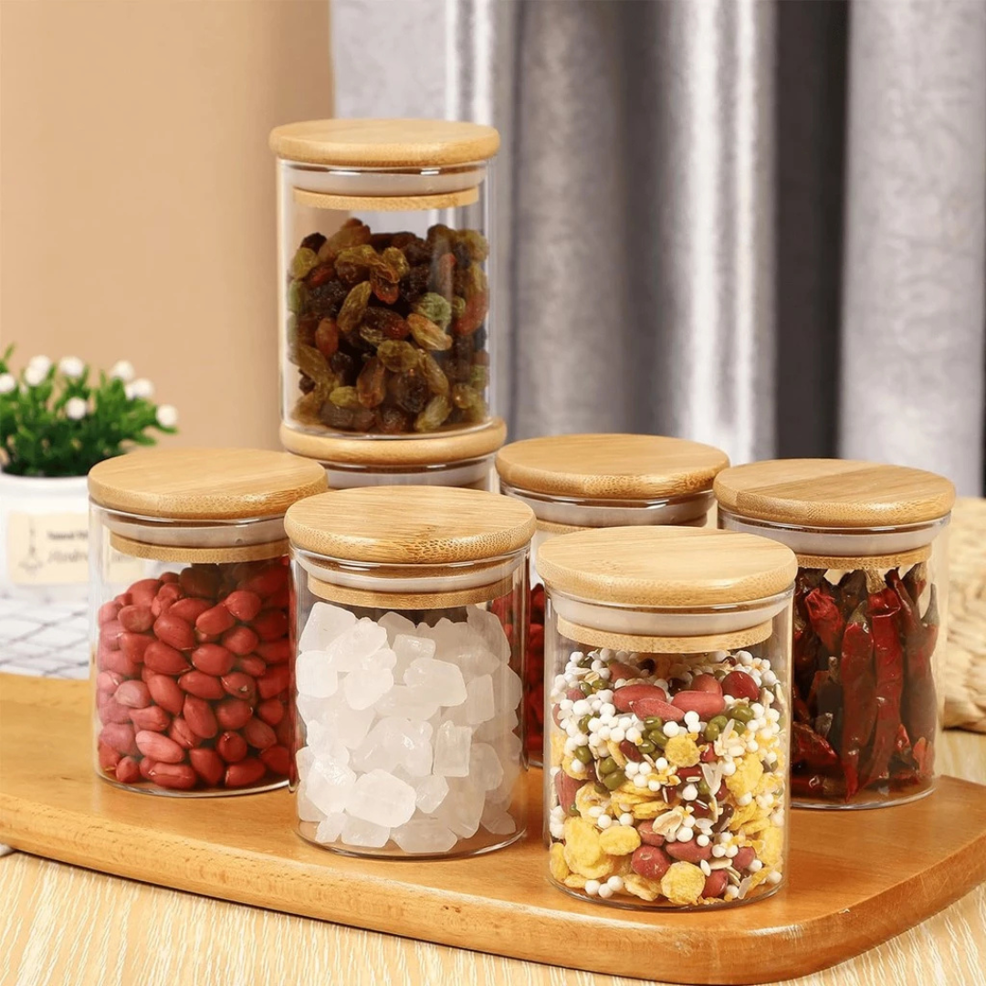 Kit 6 Potes de Vidro 200ml com Tampa de Bambu – Promoção