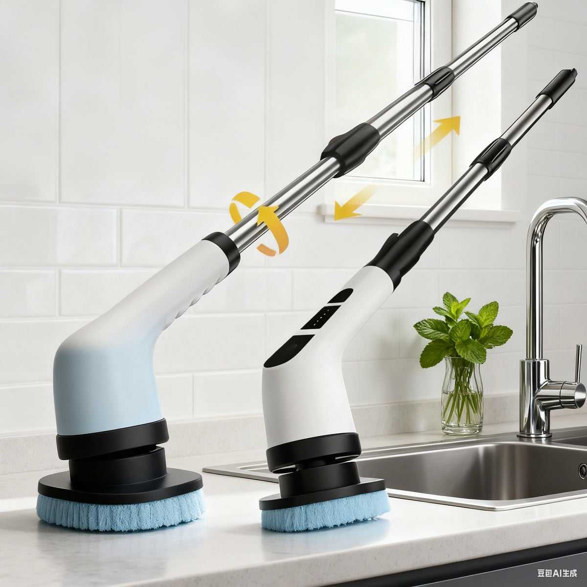 Limpador elétrico. Equipada com várias cabeças de escova intercambiáveis (macia/dura), cabo de alimentação retrátil e removível, alimentada por USB, adequada para limpeza de banheiros, pisos, azulejos, boxes de chuveiro, janelas, cozinhas, etc. Uma esco